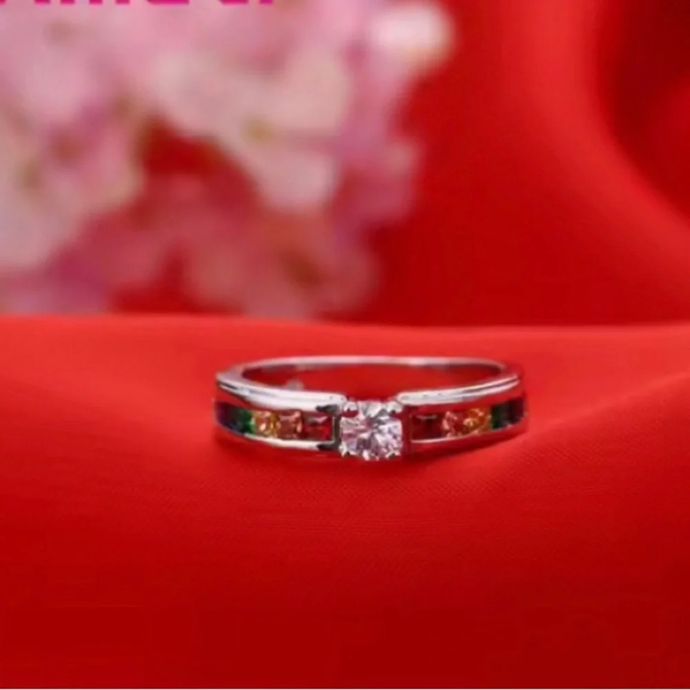 NEW 925 COLORFUL RAINBOW CZ PRINCESS SQUARE SIMULATED BAGUETTE STONE SILVER RING